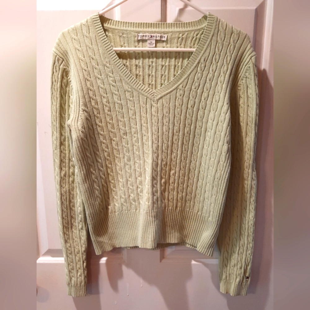 Tommy Hilfiger Sweater Medium Light Green Long Sleeve V-neck Cable Knit Preppy